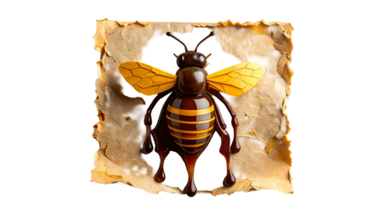 A stylized bee made of chocolate sits on aged parchment
