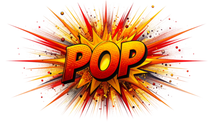 Bold text "POP" explodes outwards, simulating a burst on a black background