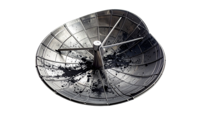 Damaged, metal dish, with debris, against a black background