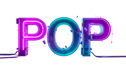Neon-lit word "POP", digital art with vibrant gradients and fractured effect