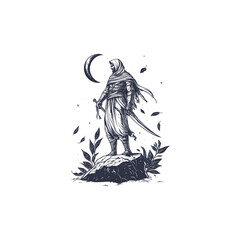 Heroic vintage engraving of a lone warrior in a flowing cape standing on a rocky mountain peak, holding a sword under a crescent moon and starry night sky.