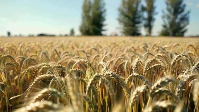 Macro 4K cinematic pan of golden wheat field illuminated by sunlight highlighting individual stalks detailed texture the depth of field immersive agricultural natural stock 
