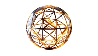 Geometric sphere of interconnected golden bars, glowing with inner light