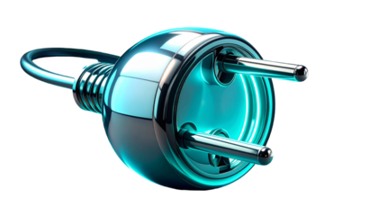Shiny, futuristic electrical plug with a glowing blue outline