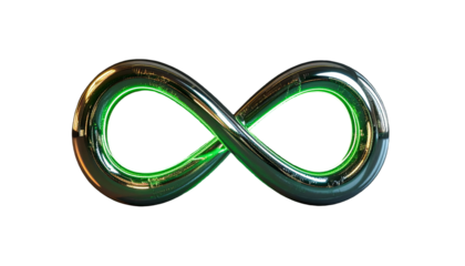 A glossy, metallic infinity symbol with green internal glow