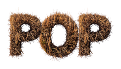 POP" spelled out with textured, brown, grass-like letters on black