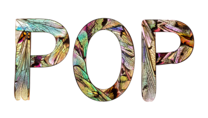 Word "POP" formed from insect wing textures, colorful against black