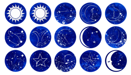 Celestial icons suns, moons, constellations, and stars in round indigo frames