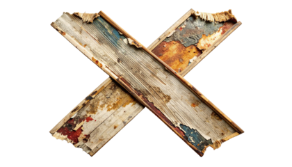 Weathered, wooden planks, crossed, forming a stylized "X" shape on black