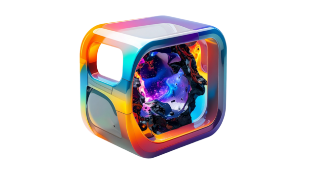 Cubed, iridescent structure holding a nebulous, cosmic interior - Powered by Adobe