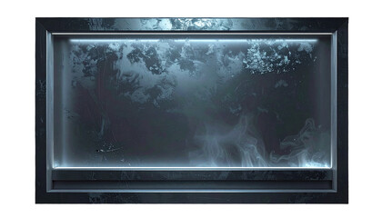 A rectangular, dark framed screen displays a cloudy, atmospheric scene