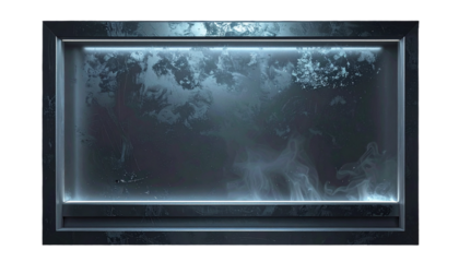A rectangular, dark framed screen displays a cloudy, atmospheric scene