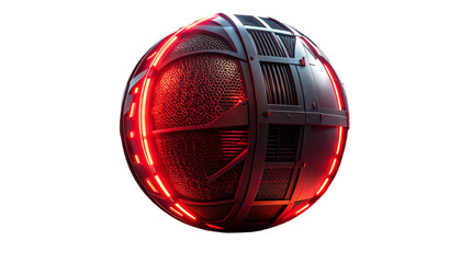 Futuristic orb with a basketball texture, metallic panels, and red neon accents