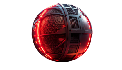 Futuristic orb with a basketball texture, metallic panels, and red neon accents