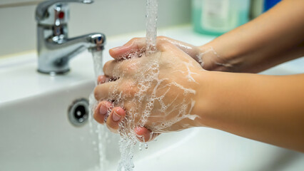 Fototapeta premium Close-up of hands being washed with soap and water in a sink.