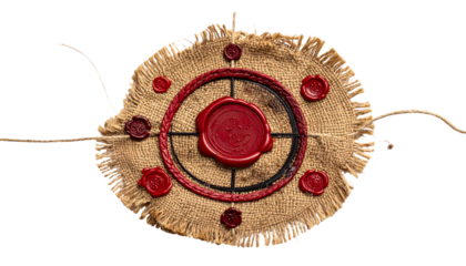 Circular burlap object with red seals, string, and bullseye
