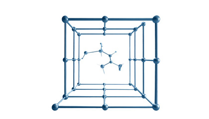 A central atom structure contained within a wireframe cube
