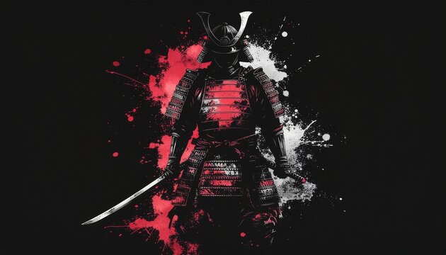 朱の鎧武者シルエットが映える戦国墨絵