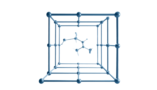 A central atom structure contained within a wireframe cube - Powered by Adobe