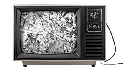 Old grayscale TV displaying abstract, broken, metallic content