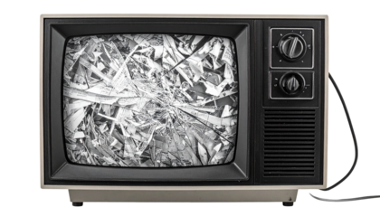 Old grayscale TV displaying abstract, broken, metallic content