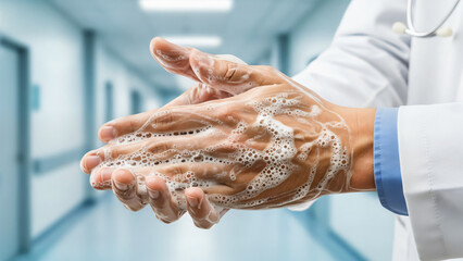 Doctor washing hands thoroughly with soap and water in a hospital corridor.