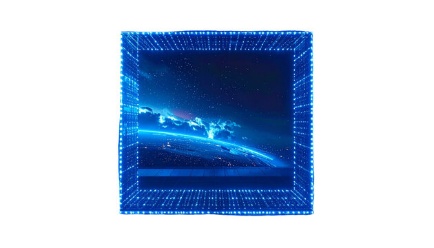 A digital cube frames Earth's curvature, data grid border glows blue - Powered by Adobe