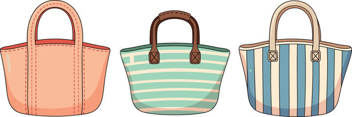Vector illustration of striped summer tote bags and peach handbag isolated on white for fashion and travel themes. © REYAD