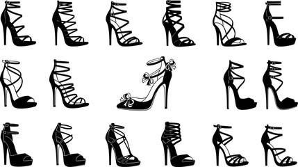 Women high heel shoe silhouettes vector collection, fashionable strappy stilettos and platform heels, elegant footwear illustration set for fashion design 