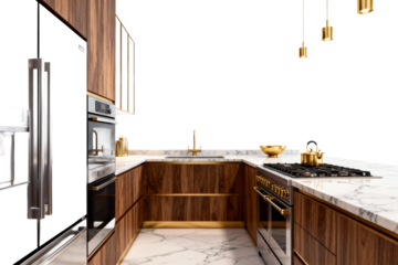 Modern Luxury Kitchen with Wooden Cabinets and Marble Countertops