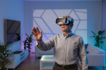 Innovative senior man experiencing virtual reality at home, exploring meta-verse and VR technology