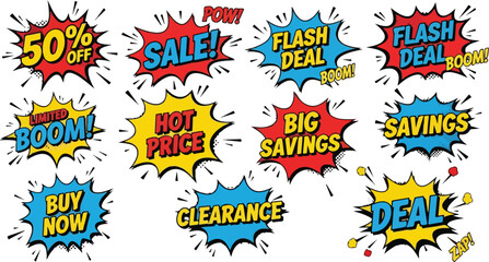 Comic book style promotional sale graphics with discounts, deals, and special offers