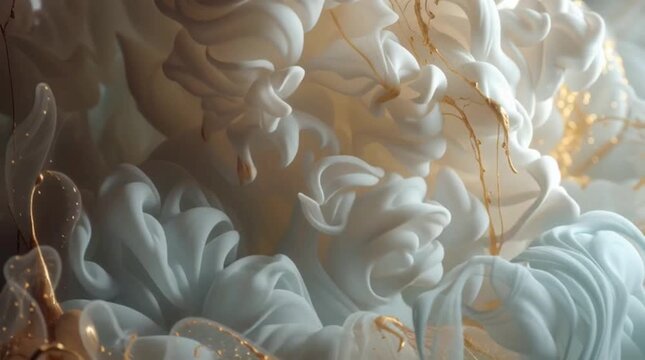 Luxurious abstract fluid art with swirling white and gold patterns