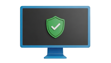Computer screen with green shield and checkmark icon