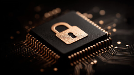 A secure padlock embedded in a computer chip illustrating cybersecurity, data protection and digital security concept.
