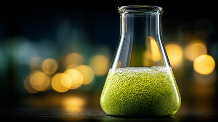 A laboratory flask filled with green bubbling liquid representing scientific research chemical experimentation and innovation.
