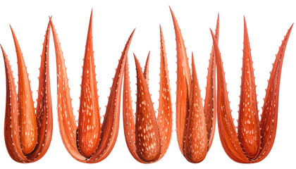 Five vibrant, red-toned aloe vera plants, white spots, against black backdrop