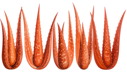 Five vibrant, red-toned aloe vera plants, white spots, against black backdrop