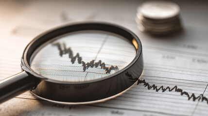 A magnifying glass examining a fluctuating line chart on a financial document illustrating market volatility analysis and economic risk assessment concept.
