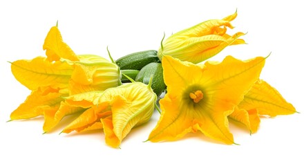 Fototapeta premium Beautiful Close-Up of Fresh Zucchini Flowers and Small Zucchinis, Highlighting Edible Parts of the Plant