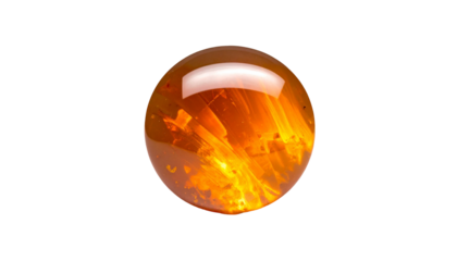 A close-up of a glass orb with fiery, crystalline inclusions