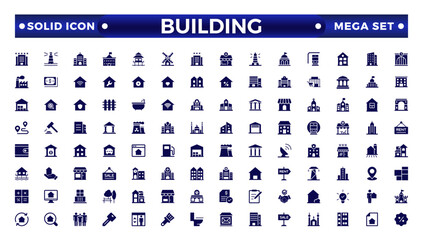 Building web icons in solid style. Hotel, hospital, apartment, city, townhouse, mall, coffee, collection.