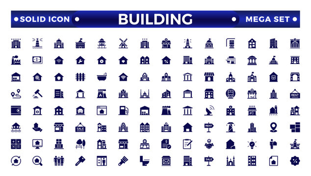 Building web icons in solid style. Hotel, hospital, apartment, city, townhouse, mall, coffee, collection.