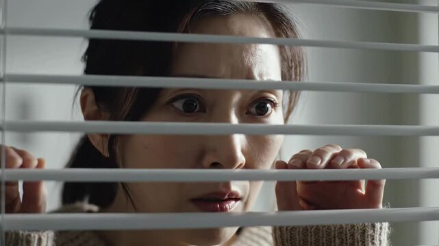 A woman looks out from behind closed blinds in a video about curiosity and suspense