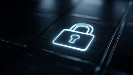A digital padlock icon illuminated on a futuristic interface symbolizing cybersecurity control and secure system access.
