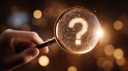 A magnifying glass revealing a glowing question mark, representing curiosity, strategic research and decision making process.
