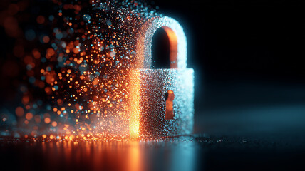A digital padlock dissolving into particles symbolizing cyber threats transformation and evolving data security challenges.
