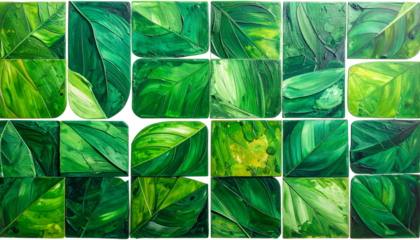 Green leafy mosaic of painted squares. Abstract, nature inspired