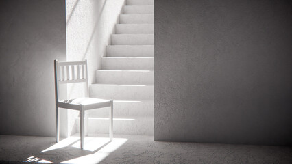3D render of wooden chair at stair base with dramatic sunlight and shadows. Ideal for interior design, product display, and architectural visualization in minimalist style.