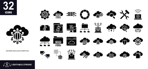 Network and  cloud computing glyph icon set